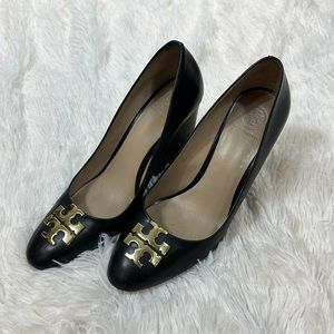 Tory Burch NEW Raleigh Genuine Leather Logo Embelied Stacked Wedge High Heels